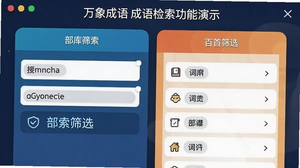 万象成语成语检索功能演示,展示拼音搜索与部首筛选界面,突出词库丰富与检索便捷特点
