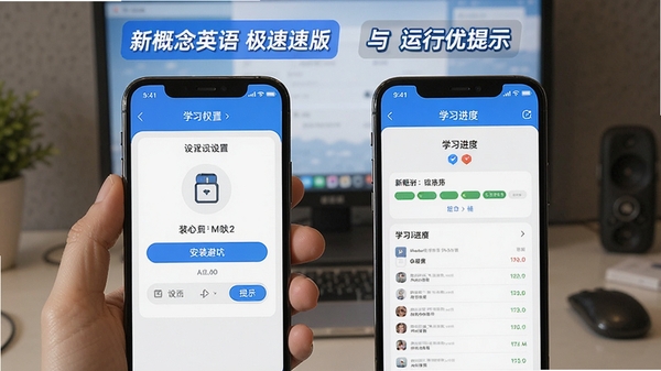新概念英语极速版移动端使用场景生图,展示手机设置权限界面与学习进度页面,突出安装避坑与运行优化提示