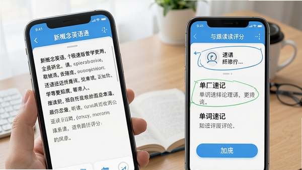 新概念英语极速版软件界面展示,手机屏幕上呈现课文听读、单词速记与跟读评分功能,整体风格清爽明亮,突出英语学习场景