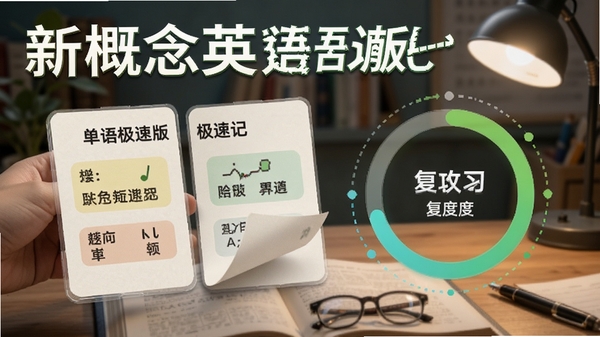 新概念英语极速版单词速记功能AI生图,展示记忆卡片翻转与复习进度环,画面带有新概念英语极速版字样,学习氛围浓厚