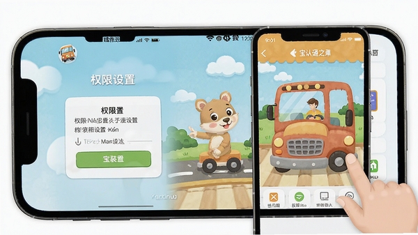 宝宝认交通工具软件在手机端安装使用的操作示意图,展示权限设置与界面