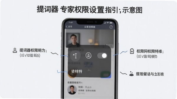 提词器专家权限设置指引示意图,手机设置界面悬浮窗权限开关特写,简洁教程风格