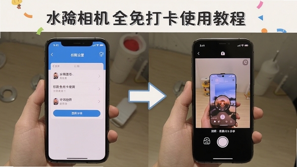 水印相机全免打卡使用教程示意图,手机屏幕展示权限设置界面与拍照操作步骤,配有箭头指引,风格简洁明快