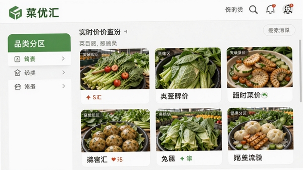 菜优汇软件首页展示实时菜价与品类分区界面
