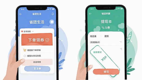 省团生活APP在手机上的使用操作示意图,展示领券下单流程与提现界面,扁平化插画风格