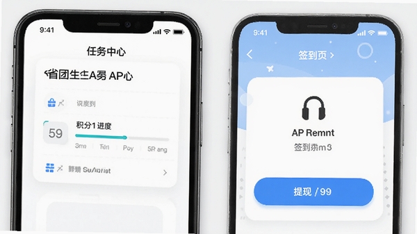 省团生活APP任务中心与签到页面展示,手机界面显示积分进度与提现按钮,简洁明快设计风格