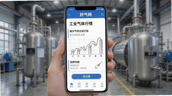 好气网手机应用界面展示工业气体交易行情与挂牌功能
