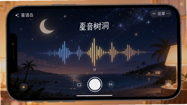 星语岛APP语音树洞录制界面,声波动画,夜晚星空背景,温暖氛围