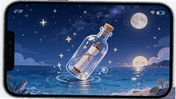 星语岛APP心情漂流瓶界面,星空大海背景,漂流瓶漂浮动画,治愈系插画风格