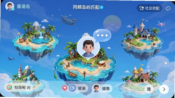 星语岛APP同频岛屿匹配页面,多个主题岛屿漂浮,用户头像气泡,社交匹配场景