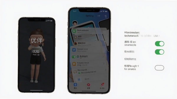 优伴app在手机上的安装权限设置示意图,展示系统设置界面中通知与后台运行开关,配简洁说明文字