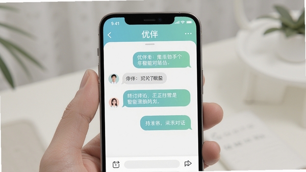 优伴app智能对话陪伴界面展示,手机屏幕中显示聊天式交互窗口,柔和蓝绿色调,简洁现代风格