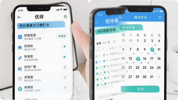 优伴app待办清单与习惯打卡页面,手机界面展示任务列表和打卡日历,清爽白色背景配蓝绿点缀