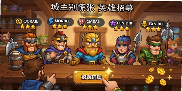城主别慌张英雄招募界面,酒馆场景,几位卡通英雄形象站立在吧台前,头顶显示职业标签和星级,玩家正在点击招募按钮,金币闪烁,气氛热闹。
