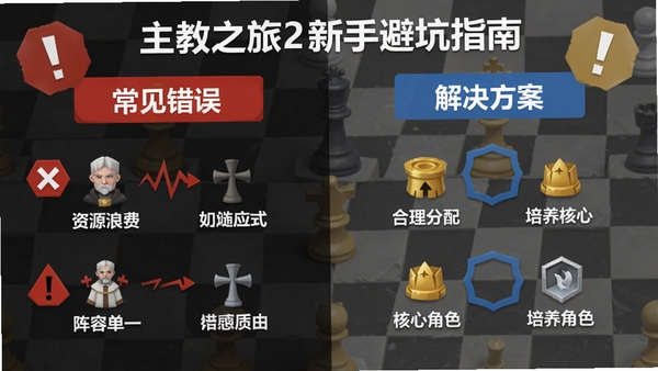 主教之旅2新手避坑指南信息图,左侧列出常见错误(如资源浪费、阵容单一),右侧给出解决方案(如合理分配金币、培养核心角色),背景有棋盘格和感叹号图标,配色以红蓝灰区分,风格简洁清晰