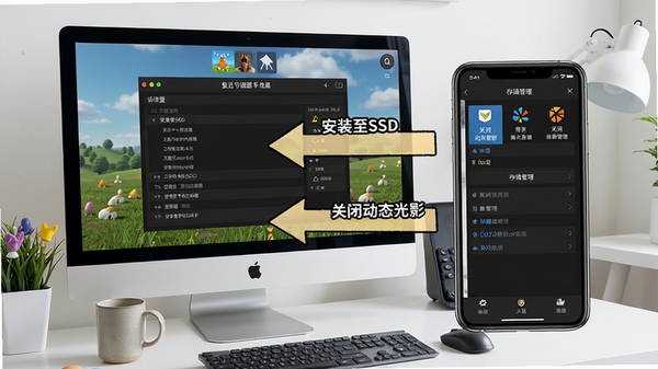 复活节谜题新手避坑指南配图,展示一个电脑屏幕和手机屏幕并排,电脑屏幕上显示游戏设置界面,手机屏幕上显示存储管理界面,中间有箭头标注“安装至SSD”、“关闭动态光影”等文字,背景是整洁的桌面。