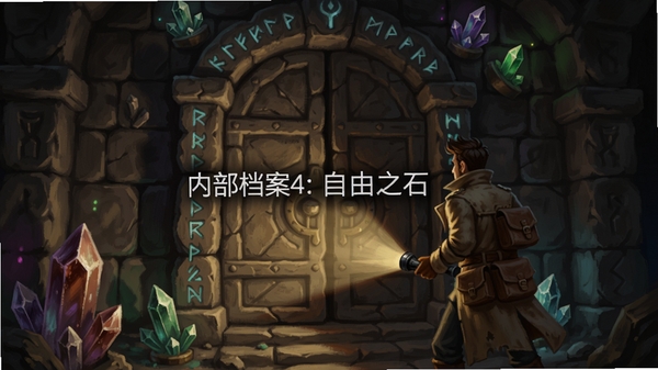 游戏整体预览图,展示一位调查员站在古老石门前,手持手电筒,石门刻满符文,周围有发光水晶,手绘油画风格,神秘光影,画面中央显示内部档案4:自由之石标题,色彩浓郁,细节丰富