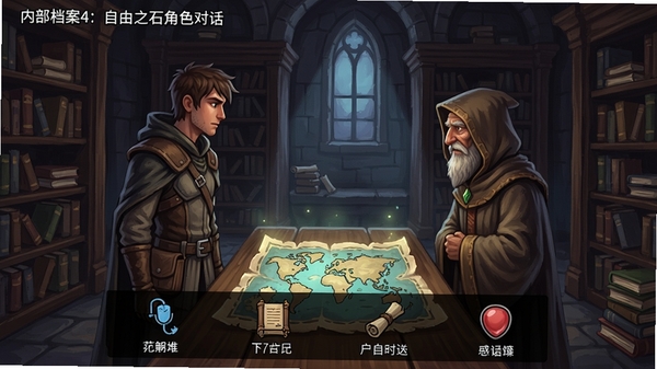 内部档案4:自由之石角色对话场景:主角与一位戴着兜帽的老者面对面交谈,背景是一座古老图书馆,书架环绕,桌上放着发光的地图,对话选项显示在画面底部,有四种不同图标代表不同语气