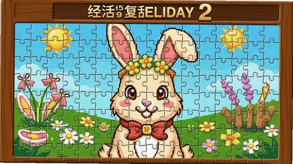 复活节假日拼图2经典模式拼图界面,显示96片碎片正在组合成一只复活节兔子图案