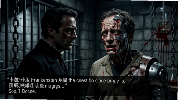 弗兰肯斯坦的遗产冰封囚禁剧情对话场景,主角面对一位半机械化的变异人,对方眼神痛苦,背景是实验室的监牢,铁链和血迹触目惊心,光影对比强烈