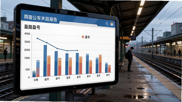 雨宿公车站财务报告界面,显示各线路盈亏柱状图,背景是车站全景。