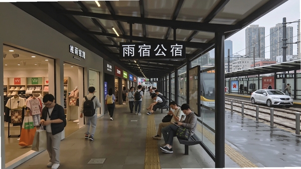 雨宿公车站商业街视角,枢纽站内店铺林立,乘客在候车时购物,整体呈现繁荣的城市生活场景。