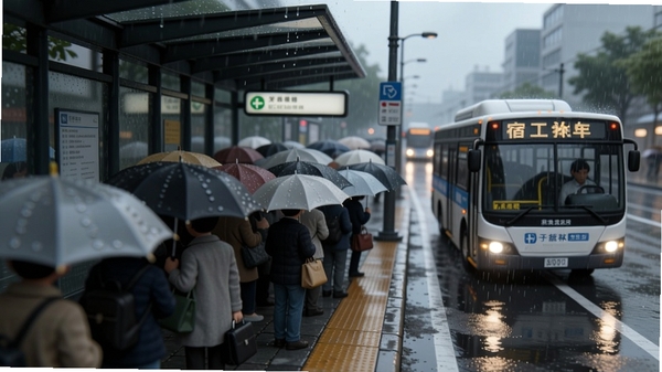 雨宿公车站雨天场景,站台挤满撑伞的乘客,公交车在雨中行驶,地面有积水反光效果,展现细腻的天气粒子系统。