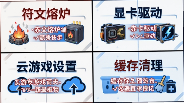 赤之世界新手避坑指南示意图,画面分为四个象限分别标注“符文熔炉”“显卡驱动”“云游戏设置”“缓存清理”,风格简洁明快,配以红色和蓝色高亮文字说明。