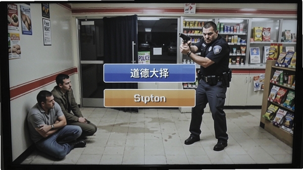 洛杉矶警察道德选择界面,屏幕中央出现两个选项按钮,背景是一间便利店抢劫现场,人质蹲在地上,持枪歹徒面露凶色