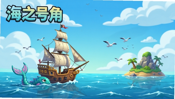 海之号角神秘海怪游戏主界面截图,展示一艘帆船航行在广阔海洋上,画面右侧有一个小岛,天空有云彩和飞鸟,整体色调明亮,卡通渲染风格,游戏标题位于左上角