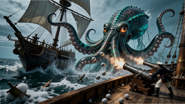 海之号角神秘海怪海怪战斗画面,巨大章鱼型海怪从海中升起,触手缠绕帆船,玩家在甲板上操作火炮发射炮弹,海面上布满泡沫和碎片,特效华丽,充满动感