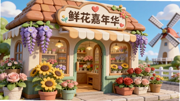 鲜花嘉年华游戏主界面预览图,展示一座温馨的花店外景,门口摆满紫藤、向日葵和玫瑰,招牌上写着“鲜花嘉年华”,背景是蓝天白云和远处的风车,卡通渲染风格,色彩柔和明亮