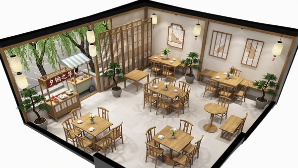 夕饷之华店铺装修俯瞰图,木质桌椅整齐排列,屏风、灯笼、盆栽点缀其中,窗外可见柳树与小贩,整体明亮整洁。