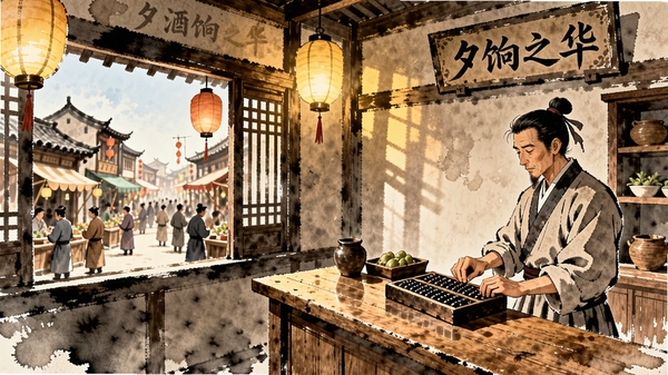 一幅古风酒楼内景,实木柜台前掌柜正在拨打算盘,墙上挂着“夕饷之华”牌匾,窗外是热闹的古代街市,暖黄色灯光,细节丰富,水墨渲染风格。