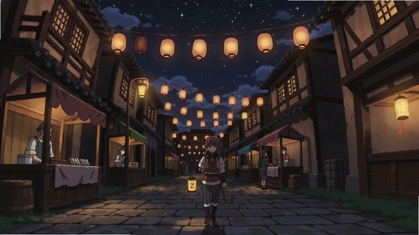 夕饷之华夜晚街景,灯笼高挂,摊贩叫卖,玩家角色提着灯笼在石板路上行走,星空深邃,建筑轮廓柔和。