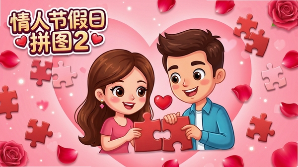 һ�����˽������ƴͼ��Ϸ���棬�����Ƿۺ�ɫ���ĺ�õ�廨�꣬��Ļ��ɢ����ƴͼ��Ƭ��������һ�Կ�ͨ��������ƴͼ��������ܰ������ɫ�����ޣ��������ơ����˽ڼ���ƴͼ2������������������ʾ�����Ͻǡ�