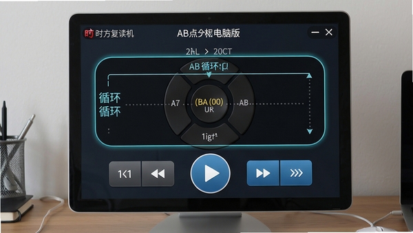 时方英语复读机电脑版AB点循环设置界面,高亮显示循环区间和播放控制按钮