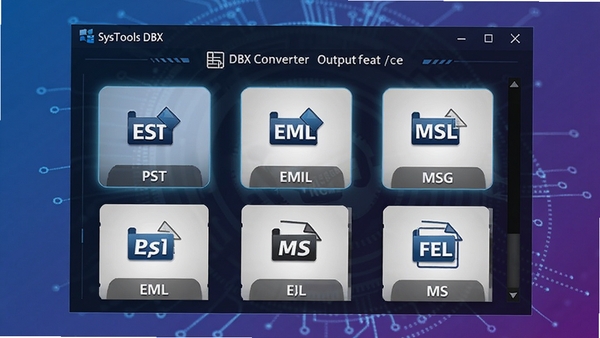 SysTools DBX Converter�����ʽѡ����棬��ʾPST��EML��MSG��ͼ�꣬����Ϊ��������ɫ�����Ƽ��У�ͻ�����ʽת������