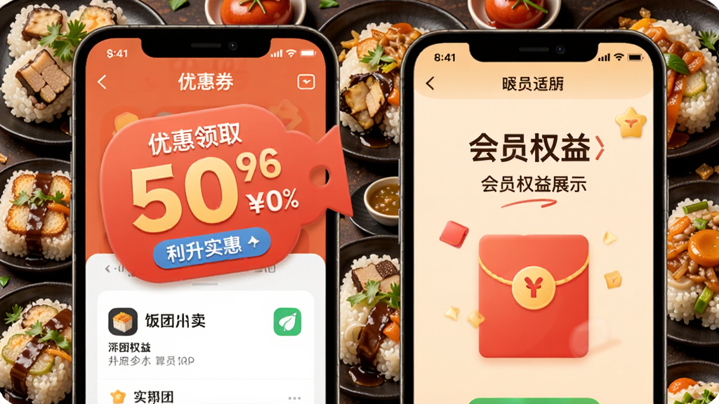 ��������APP���Ż�ȯ��ȡҳ��ͻ�ԱȨ��չʾͼ���������д����ۿ۱�ǩ�ͺ��ͼ�꣬�����Ǹ�����ʳ��ɫ�����ޣ�ͻ������ʵ�ݵ��ص㡣
