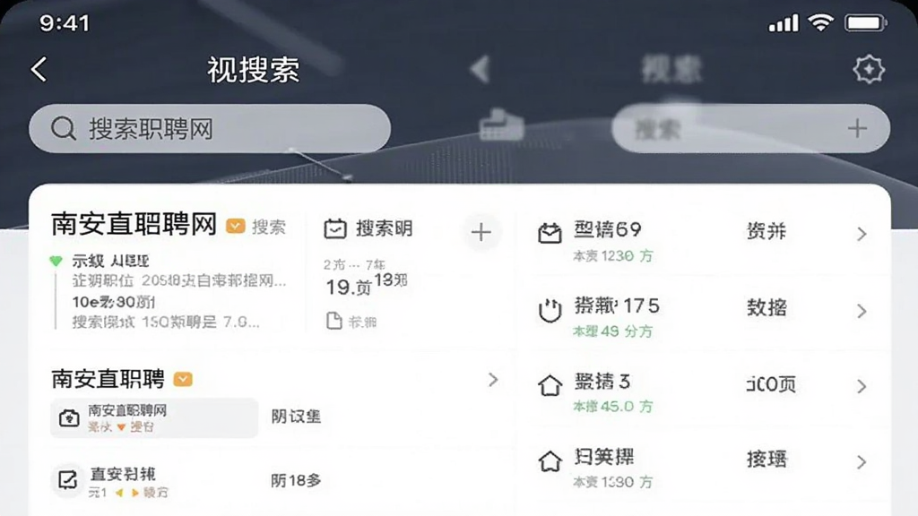 南安直聘网手机App界面截图,展示清晰的职位列表与搜索功能,背景为简约商务风格
