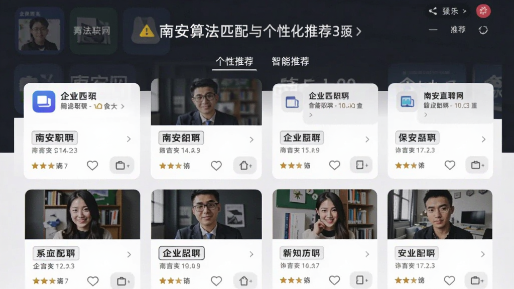 南安直聘网App智能推荐页面,显示多张企业职位卡片,突出算法匹配与个性化推荐功能