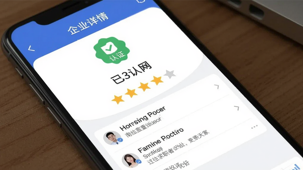 南安直聘网App企业详情页面,展示已认证标识、企业评分及过往求职者评价内容