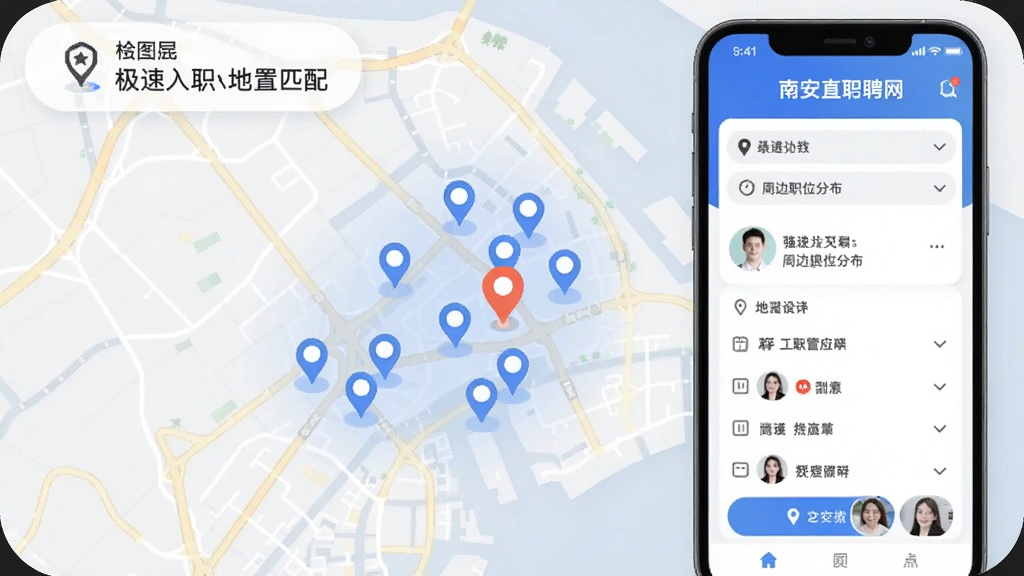 南安直聘网App地图找工作模式,显示周边职位分布点,强调极速入职与地理位置匹配功能