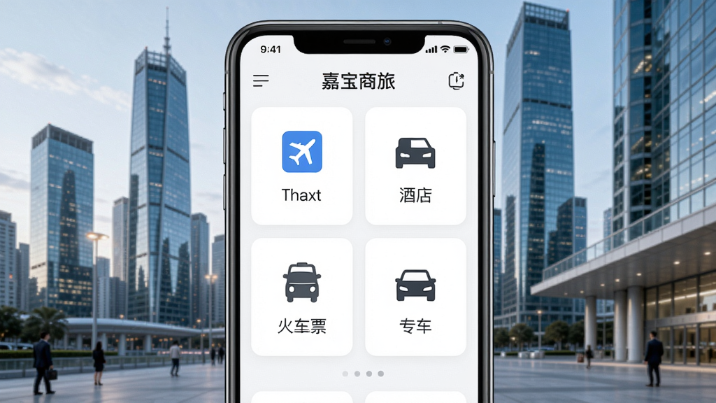 嘉宝商旅APP主界面展示,包含机票、酒店、火车票、专车四大功能模块图标,背景为现代城市商务风格,界面清晰明亮,UI设计简约大气