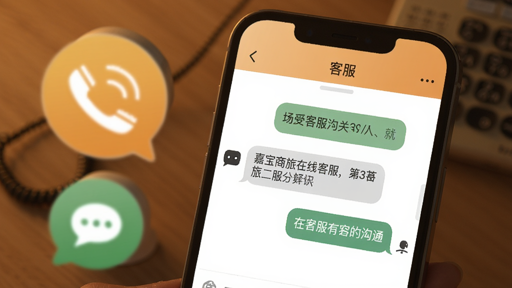 嘉宝商旅在线客服沟通界面,手机屏幕显示客服对话窗口,背景有电话、在线聊天图标,风格温馨专业