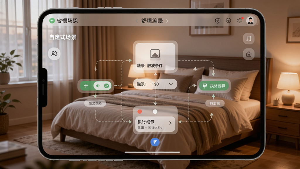 舒榻智能APP场景编辑界面,展示自定义场景的触发条件和执行动作逻辑图,背景为温馨的卧室环境,体现个性化定制的功能特性。