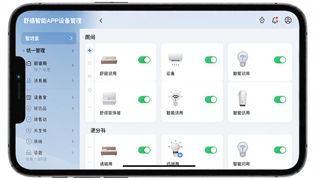 舒榻智能APP设备管理页面,显示多个房间的智能设备列表,每个设备图标带有开关状态,界面清晰简洁,突出统一管理的便捷性。