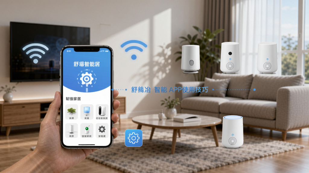 舒榻智能APP使用技巧示意图,手机连接多种智能家居设备,周围有Wi-Fi信号和设置图标,背景为现代家庭客厅,突显解决连接问题的场景。