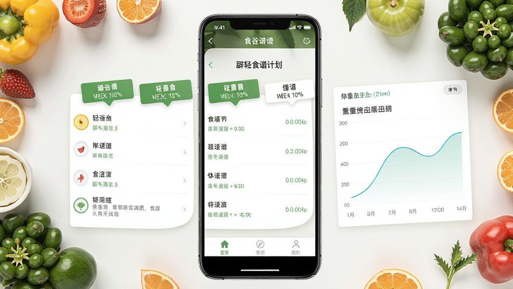 辟谷轻断食减肥食谱APP界面展示,包含一周食谱计划与体重曲线图表,背景清新自然,水果蔬菜元素点缀,界面简洁现代,手机竖屏截图风格