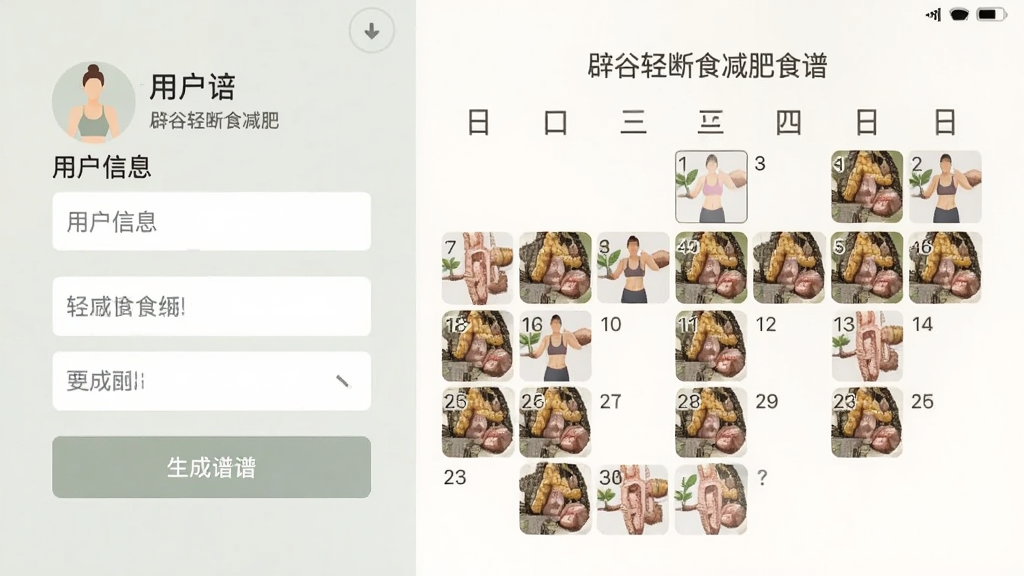 辟谷轻断食减肥食谱定制方案页面,显示用户信息输入框与生成的周食谱日历,色彩柔和,扁平化设计,手机截图